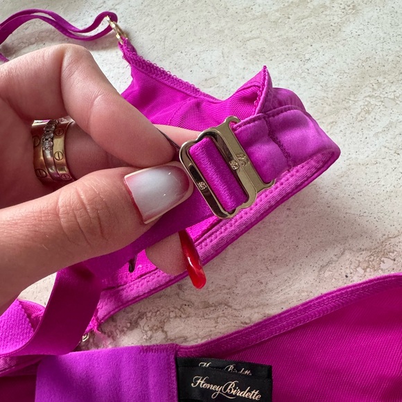 Honey Birdette Indya 3pc Set XS Bralette Garter & Thong Magenta Satin Lingerie - Picture 10 of 15